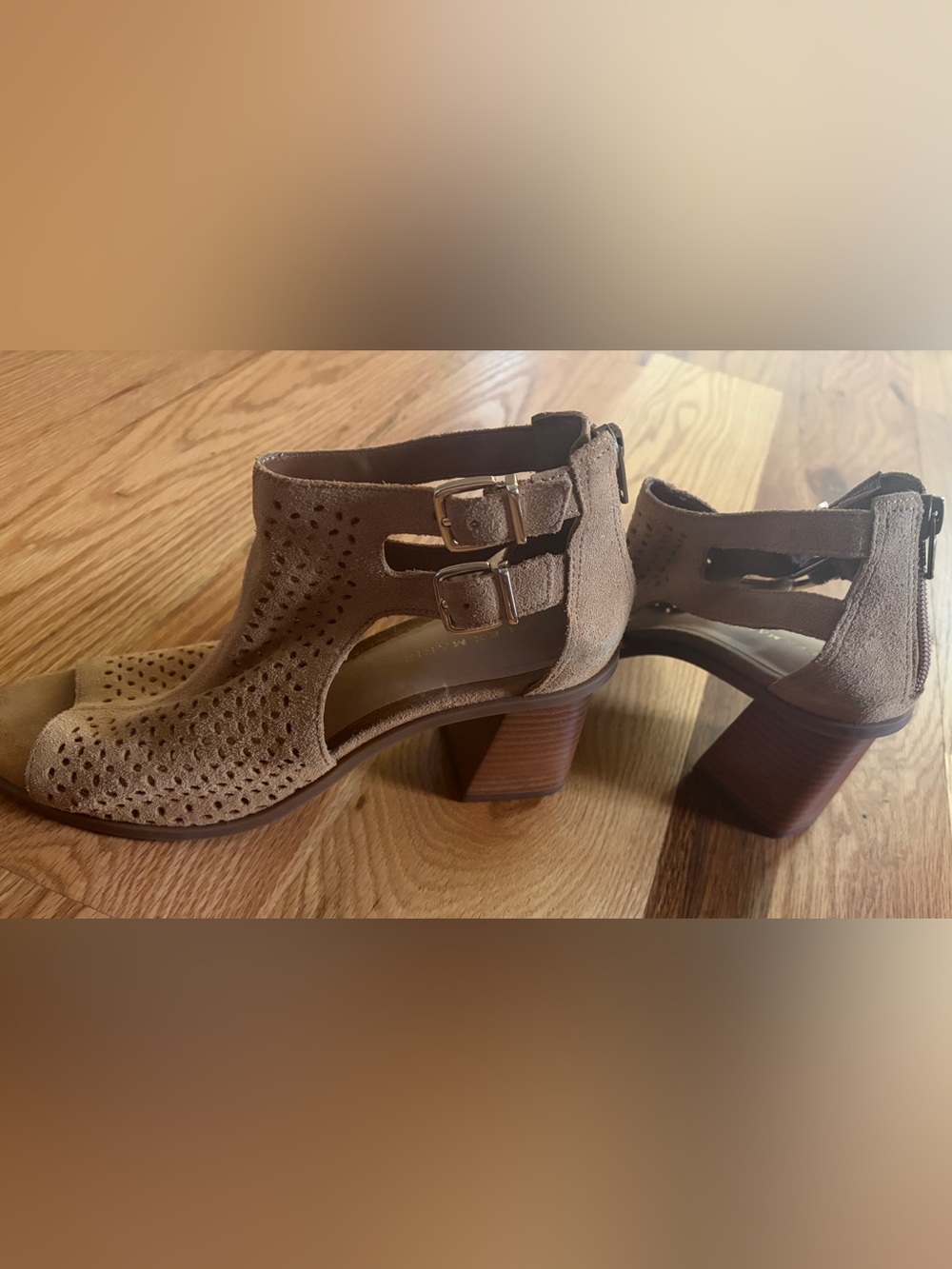 Alex Marie Taupe Suede Perforated Block Heel Sandals